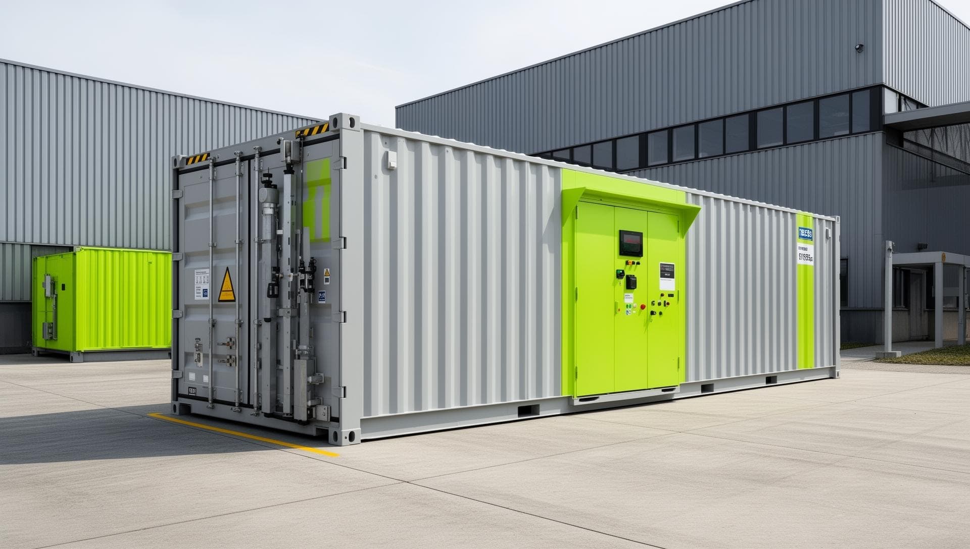 BESS container installatie bij een industrieel bedrijf