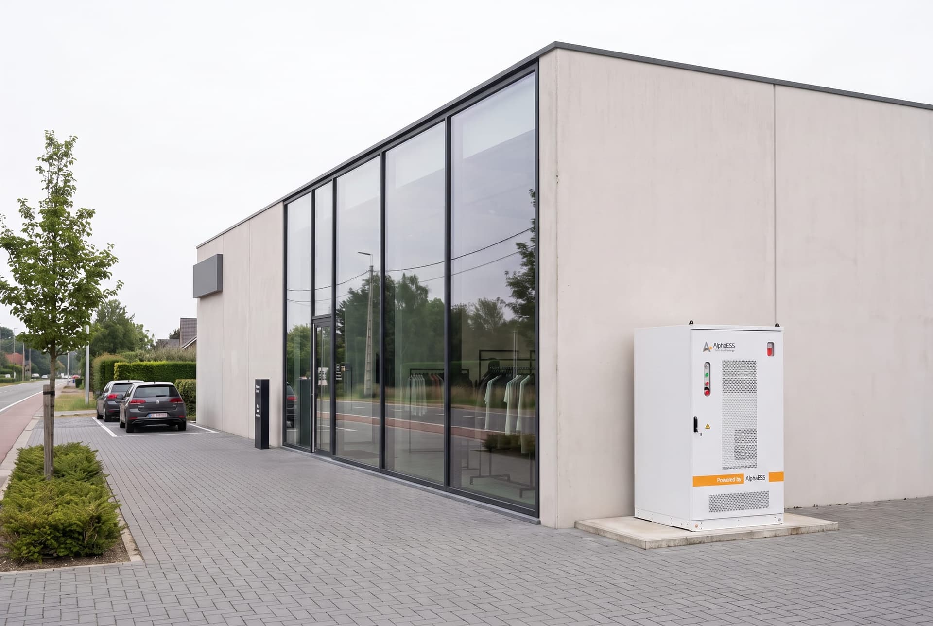 Eén batterijkast op een betonplaat tegen de zijgevel van een winkel, naast de parking