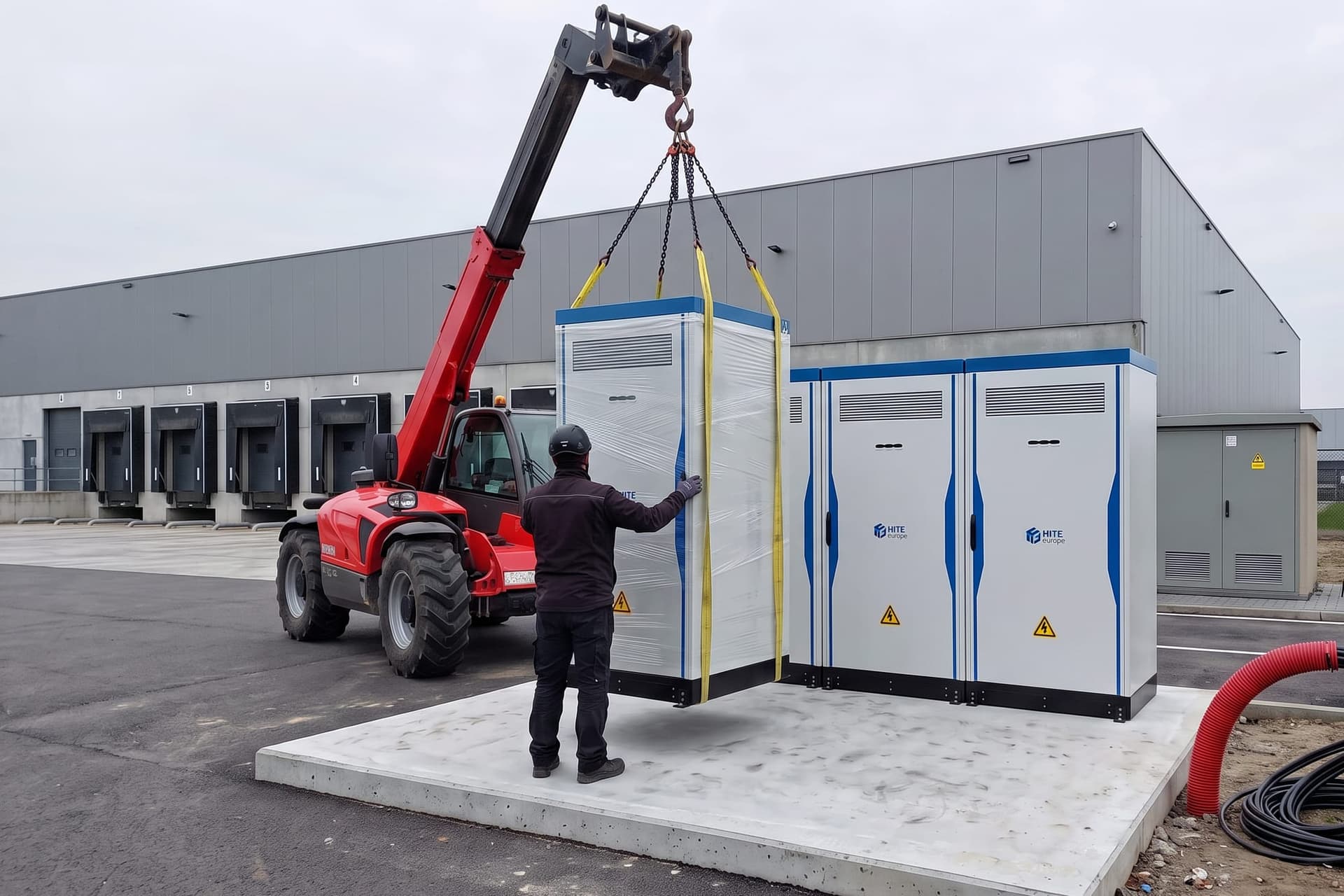 Batterijkasten worden met een verreiker op een betonplaat naast een bedrijfshal geplaatst