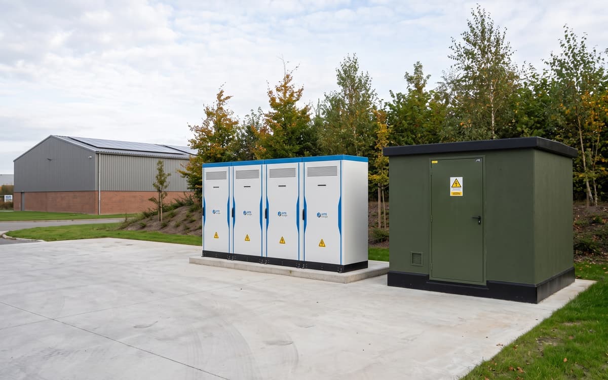 Vier batterijkasten naast een distributiecabine op een bedrijfsterrein