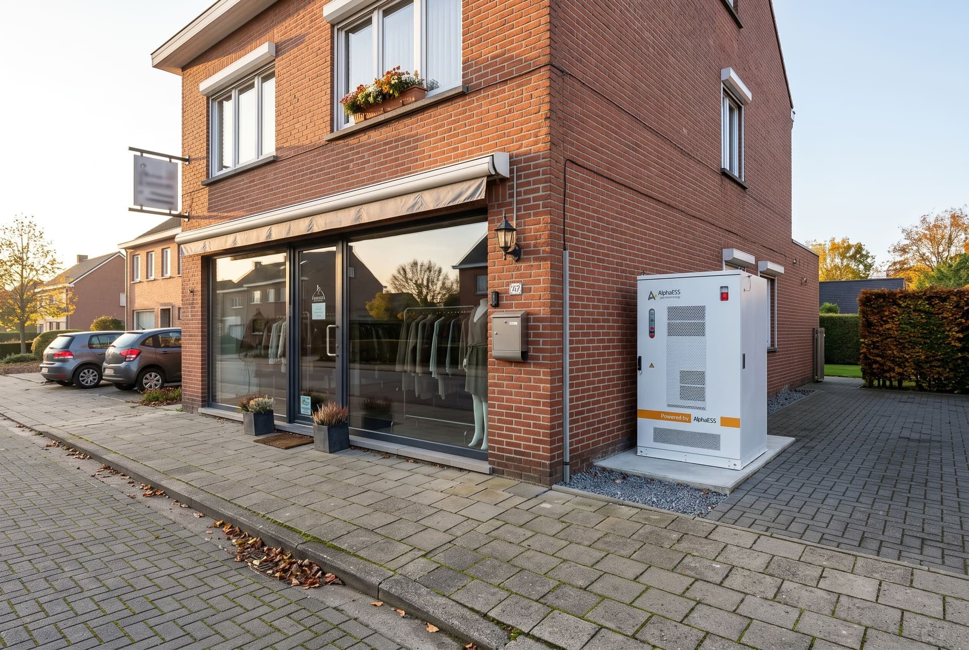 Een batterijkast tegen de zijgevel van een kledingzaak in een woonstraat, naast de etalage