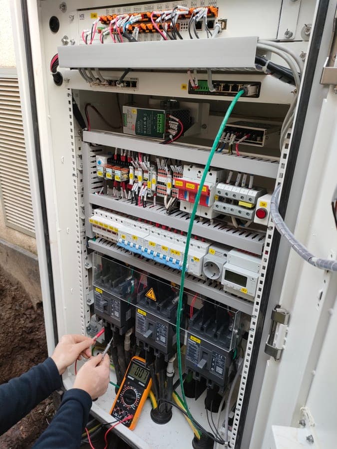 Een schakel- en sturingskast met gemerkte automaten, waarbij iemand met een multimeter een spanning nameet